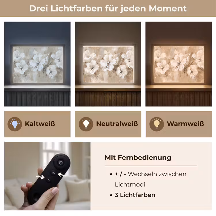 Bloemen - Beige - Abstract - Modern Light Box met batterij (Wandlamp) middel -USP_lichtkleurDE