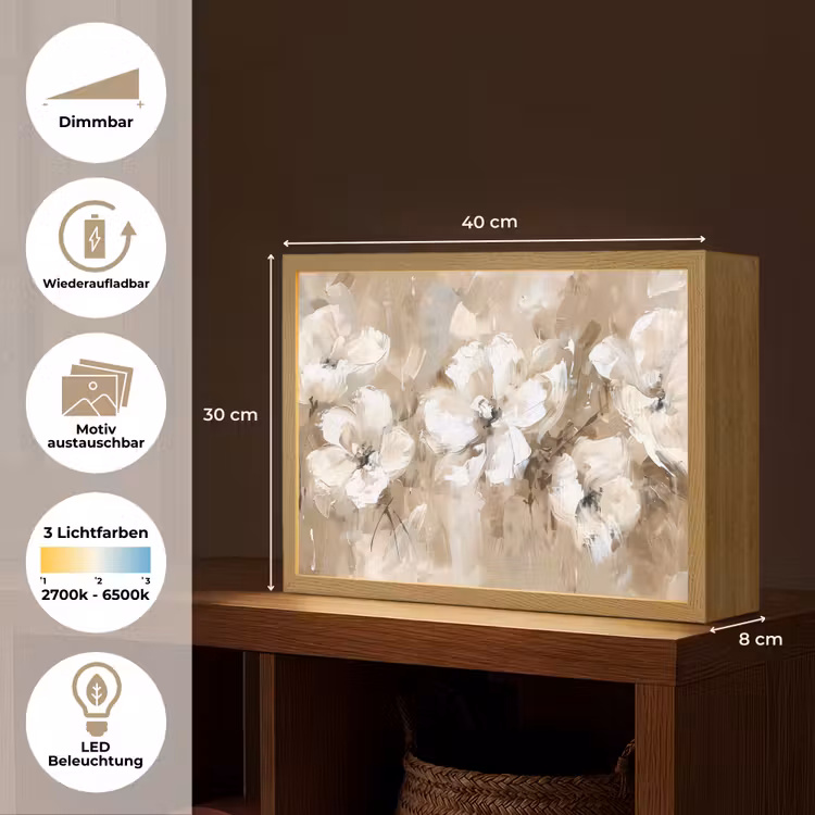 Bloemen - Beige - Abstract - Modern Light Box met batterij (Wandlamp) middel -USP_websiteoverzichtDE