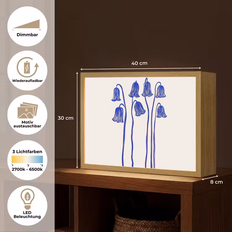 Bloemen - Blauw - Lijnen - Bloemblaadjes Light Box met batterij (Wandlamp) middel -USP_websiteoverzichtDE