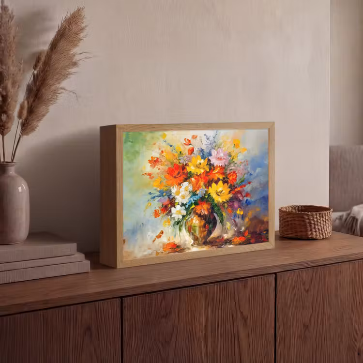 Bloemen - Kleurrijk - Olieverf - Bloempot Light Box met batterij (Wandlamp) middel -sfeer2