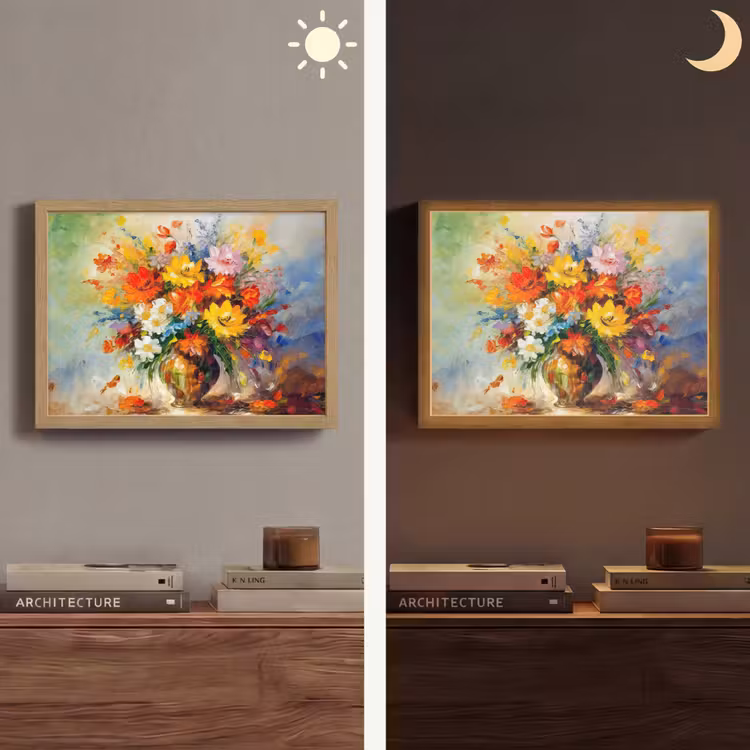 Bloemen - Kleurrijk - Olieverf - Bloempot Light Box met batterij (Wandlamp) middel -sfeer3