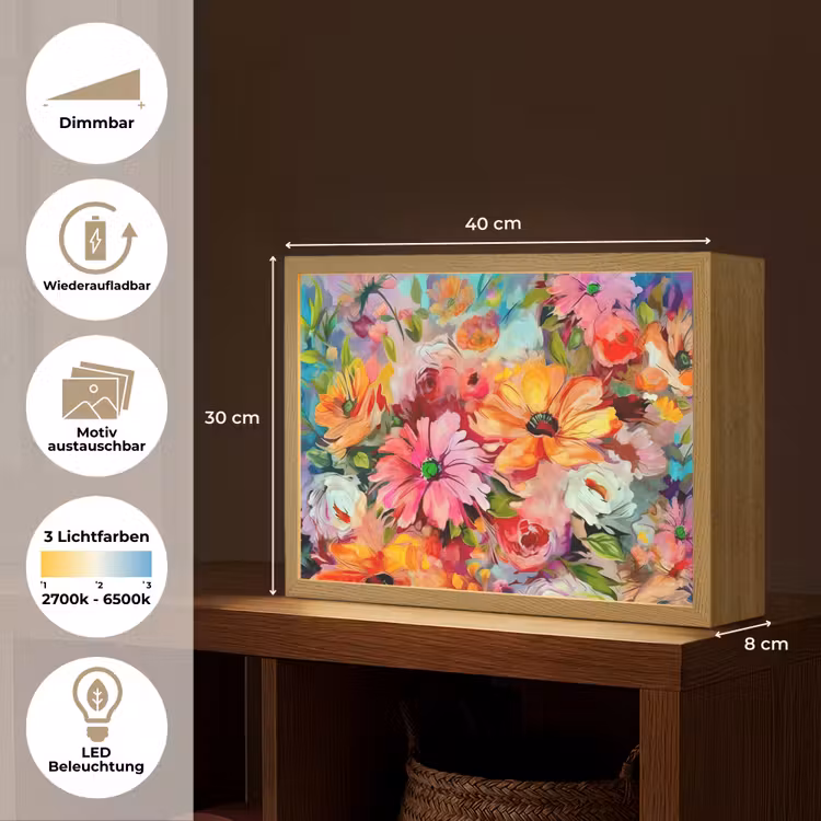 Bloemen - Kleurrijk - Kunst - Olieverf Light Box met batterij (Wandlamp) middel -USP_websiteoverzichtDE