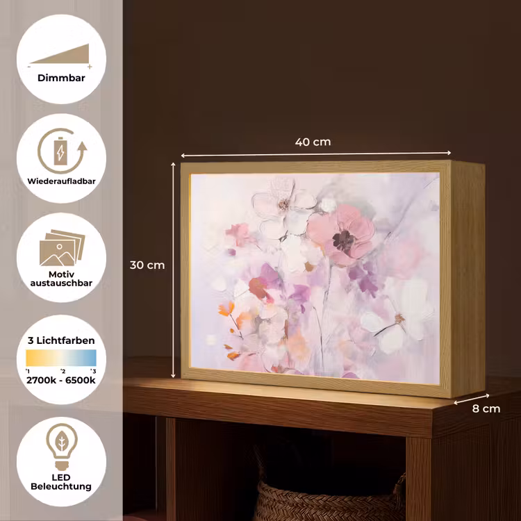 Bloemen - Lila - Watercolor - Kunst Light Box met batterij (Wandlamp) middel -USP_websiteoverzichtDE