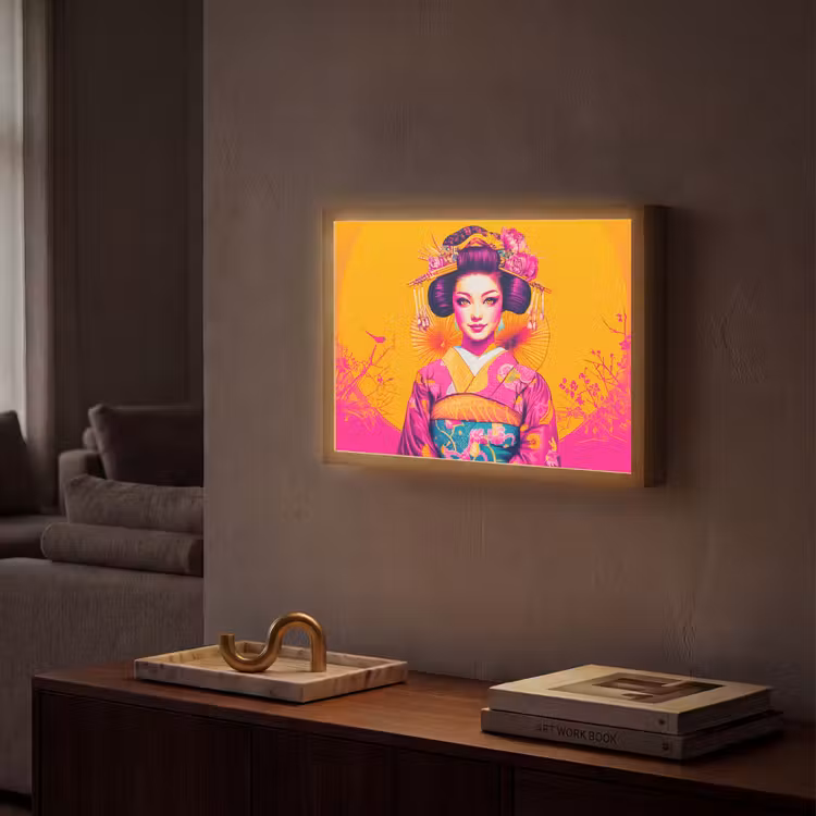 Bloemen - Vrouw - Kimono - Roze Light Box met batterij (Wandlamp) middel -sfeer1