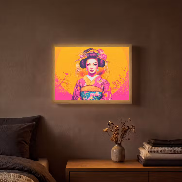 Bloemen - Vrouw - Kimono - Roze Light Box met batterij (Wandlamp) middel -sfeer4