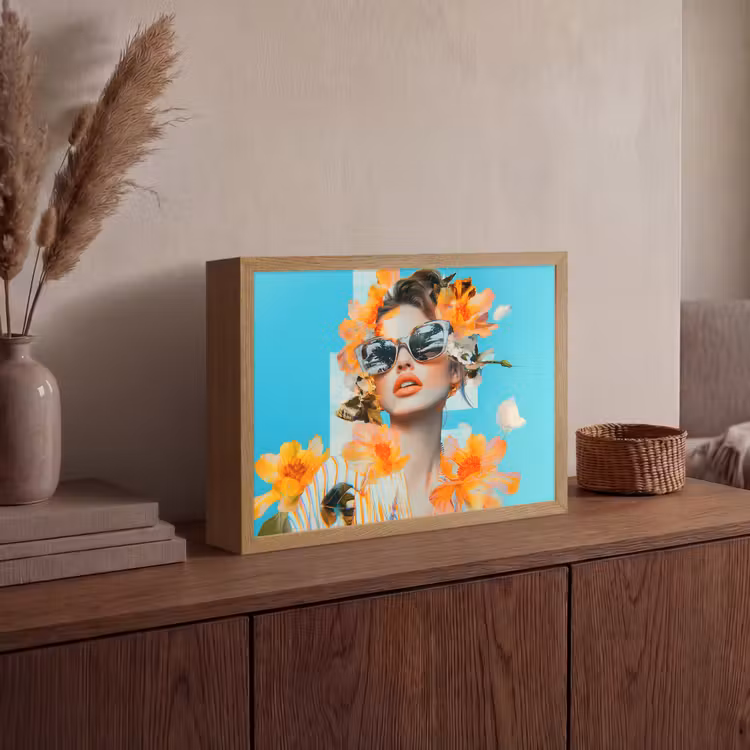 Bloemen - Vrouw - Zonnebril - Blauw Light Box met batterij (Wandlamp) middel -sfeer2