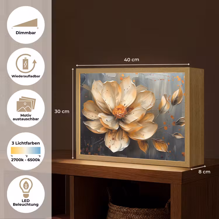 Bloemen - Goud - Kunst - Zwart - Modern Light Box met batterij (Wandlamp) middel -USP_websiteoverzichtDE