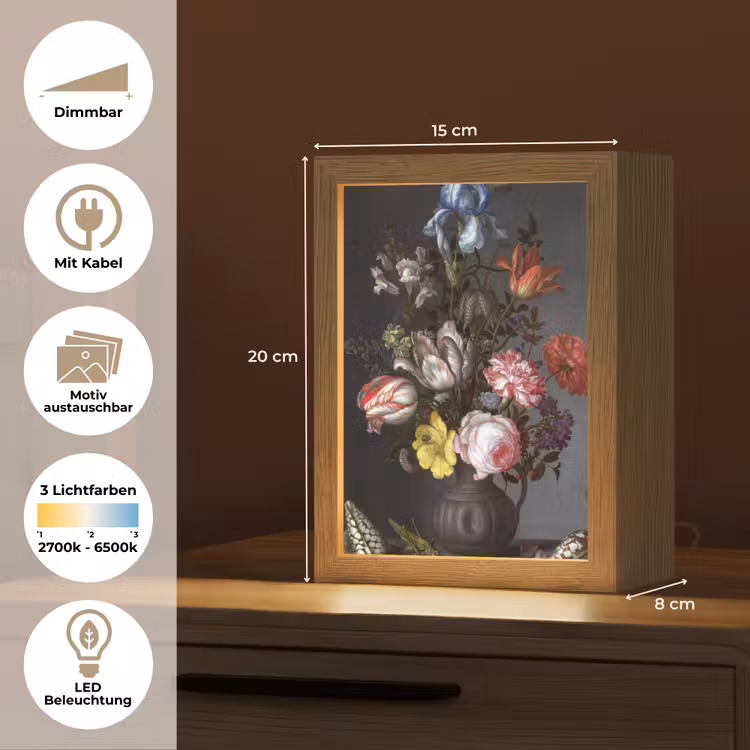 Bloemen in een vaas met schelpen en insecten - Balthasar van der Ast Light Box met kabel (Wandlamp) klein -USP_websiteoverzichtDE