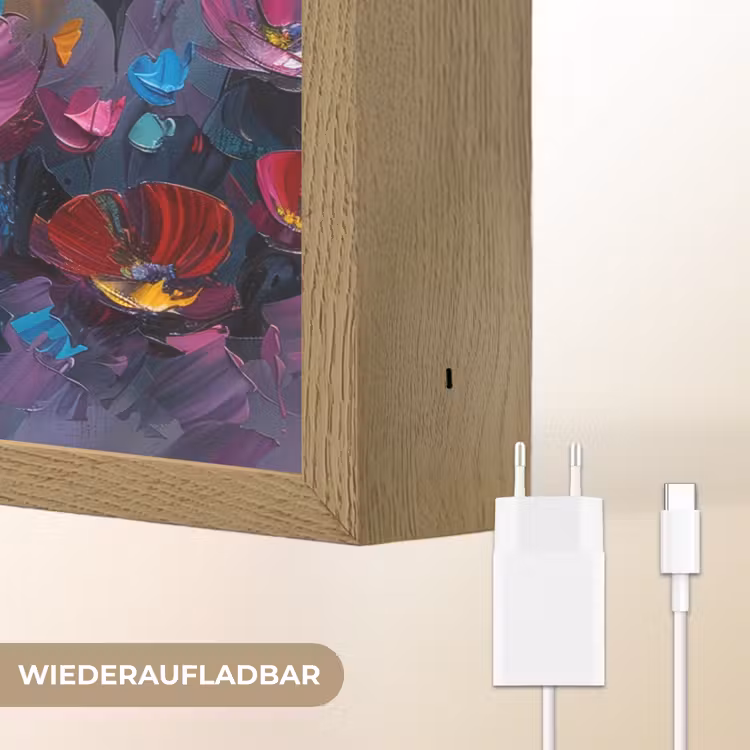 Bloemen - Paars - Kleurrijk - Handgeschilderd - Kunst Light Box met batterij (Wandlamp) middel -USP_websiteoplaadbaarDE