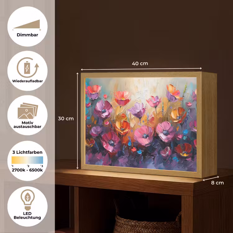 Bloemen - Paars - Kleurrijk - Handgeschilderd - Kunst Light Box met batterij (Wandlamp) middel -USP_websiteoverzichtDE