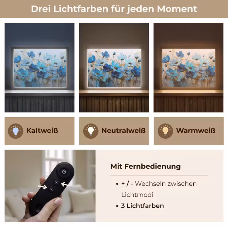 Bloemen - Schilderij - Blauw Light Box met batterij (Wandlamp) middel -USP_lichtkleurDE