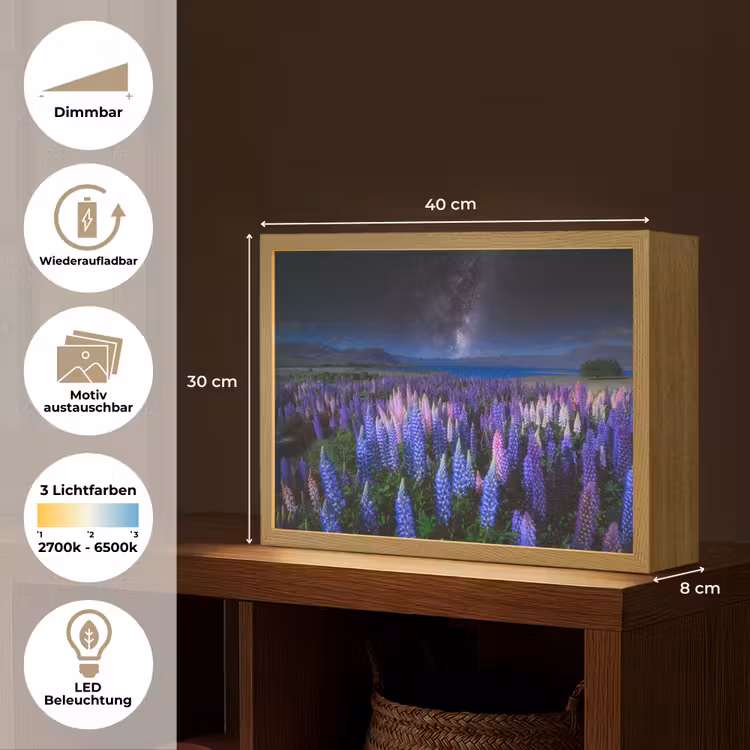 Bloemen - Nacht - Lupine - Sterrenhemel - Paars - Natuur Light Box met batterij (Wandlamp) middel -USP_websiteoverzichtDE