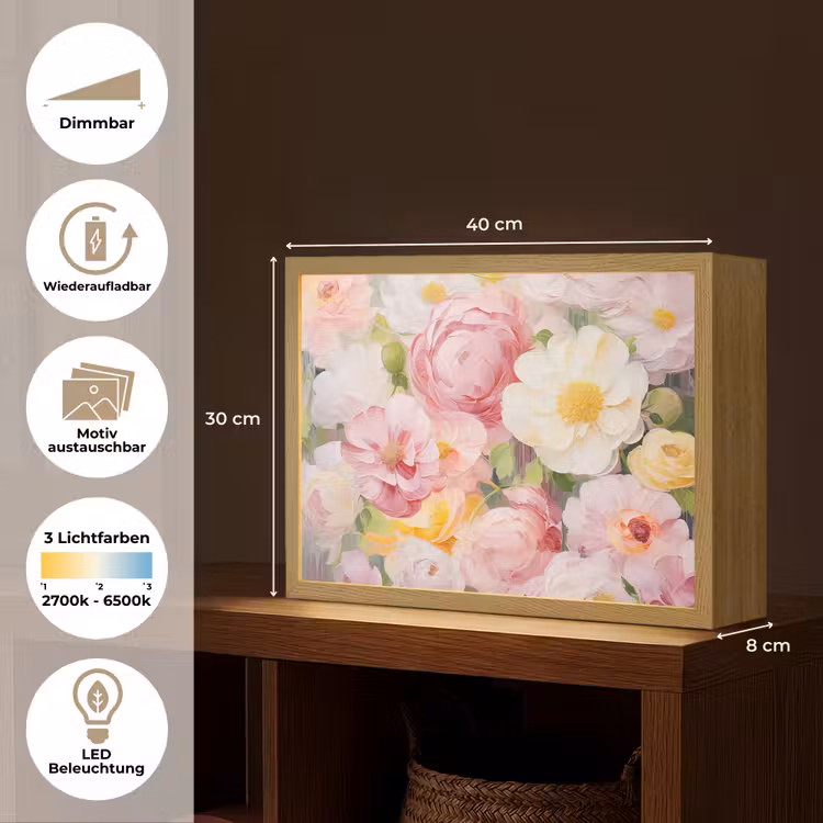 Bloemen - Roze - Botanisch - Kunst - Acrylverf Light Box met batterij (Wandlamp) middel -USP_websiteoverzichtDE