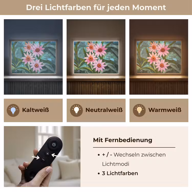 Bloemen - Roze - Glasmozaïek Light Box met batterij (Wandlamp) middel -USP_lichtkleurDE