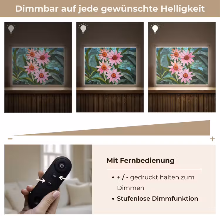 Bloemen - Roze - Glasmozaïek Light Box met batterij (Wandlamp) middel -USP_dimbaarDE