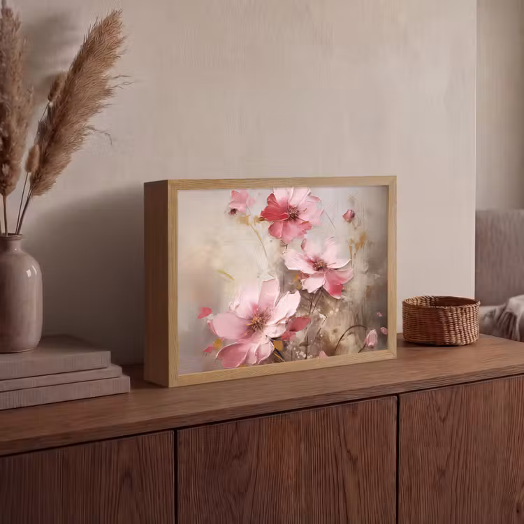 Bloemen - Roze - Kunst - Watercolor Light Box met batterij (Wandlamp) middel -sfeer2