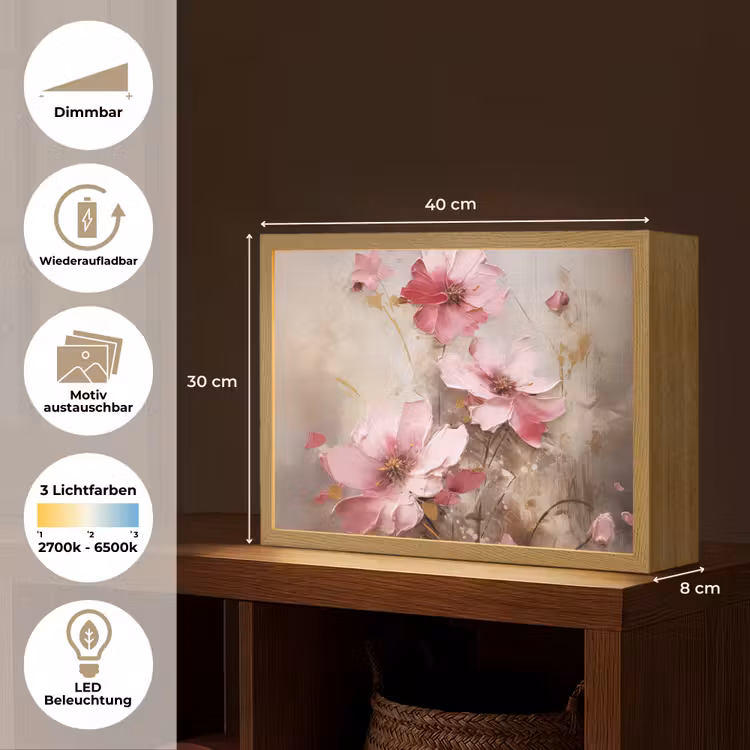 Bloemen - Roze - Kunst - Watercolor Light Box met batterij (Wandlamp) middel -USP_websiteoverzichtDE