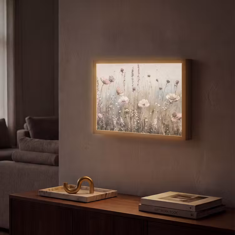 Bloemen - Roze - Modern - Beige Light Box met batterij (Wandlamp) middel -sfeer1