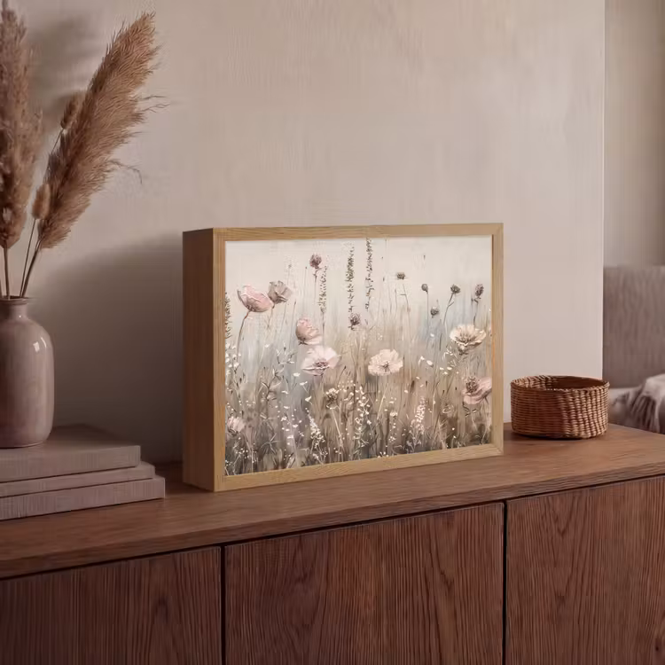 Bloemen - Roze - Modern - Beige Light Box met batterij (Wandlamp) middel -sfeer2