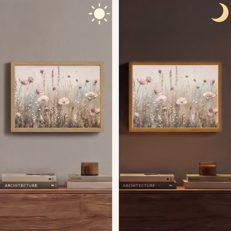 Bloemen - Roze - Modern - Beige Light Box met batterij (Wandlamp) middel -sfeer3