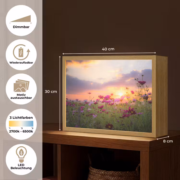Bloemen - Roze - Zonsondergang - Natuur - Weide - Horizon Light Box met batterij (Wandlamp) middel -USP_websiteoverzichtDE
