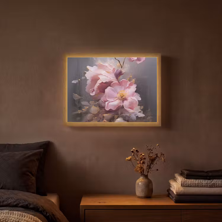 Bloemen - Roze - Stilleven - Kunst Light Box met batterij (Wandlamp) middel -sfeer4