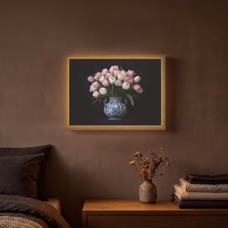 Bloemen - Roze - Tulpen - Vaas Light Box met batterij (Wandlamp) middel -sfeer4
