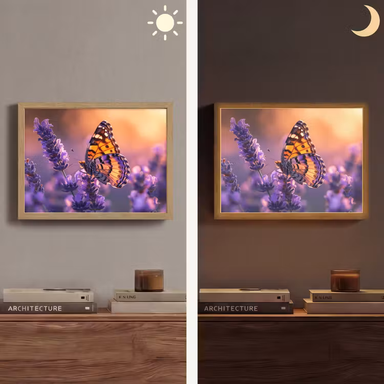 Bloemen - Vlinder - Lavendel - Bloem - Natuur Light Box met batterij (Wandlamp) middel -sfeer3