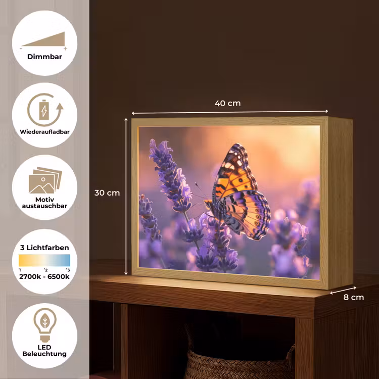 Bloemen - Vlinder - Lavendel - Bloem - Natuur Light Box met batterij (Wandlamp) middel -USP_websiteoverzichtDE