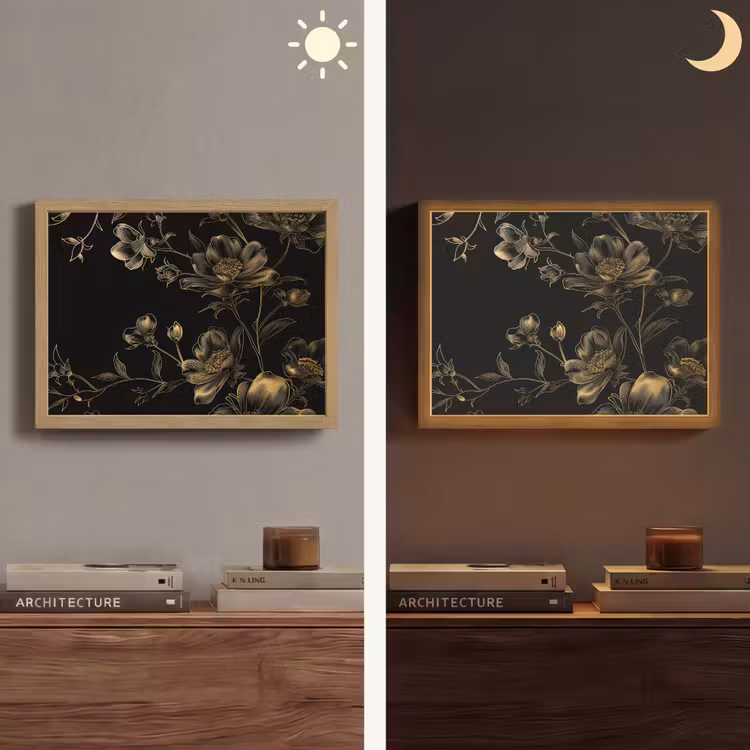 Bloemen - Zwart - Goud - Line art Light Box met batterij (Wandlamp) middel -sfeer3