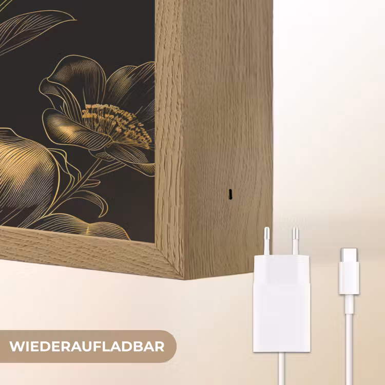 Bloemen - Zwart - Goud - Line art Light Box met batterij (Wandlamp) middel -USP_websiteoplaadbaarDE