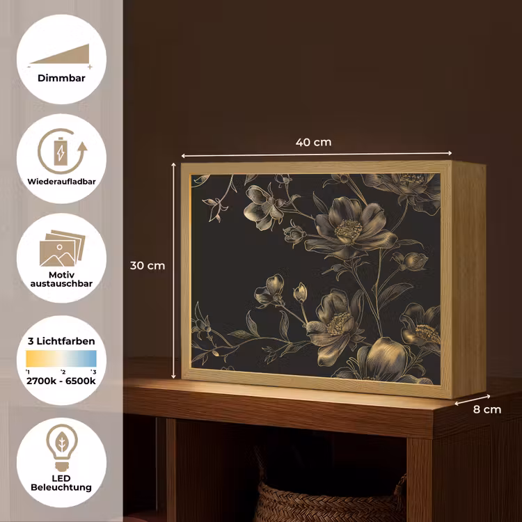 Bloemen - Zwart - Goud - Line art Light Box met batterij (Wandlamp) middel -USP_websiteoverzichtDE