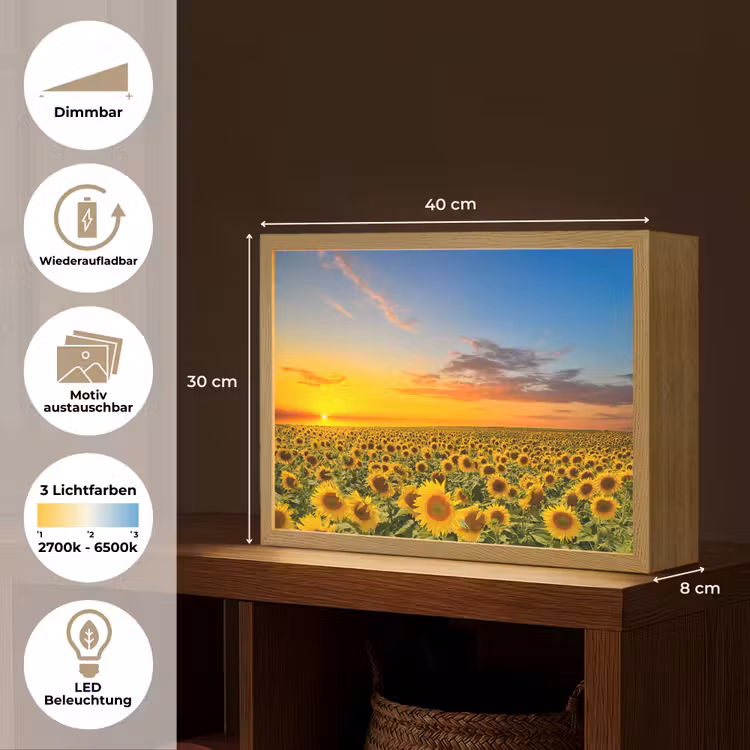 Bloemen - Zonnebloem - Zonsondergang - Nacht - Oranje Light Box met batterij (Wandlamp) middel -USP_websiteoverzichtDE