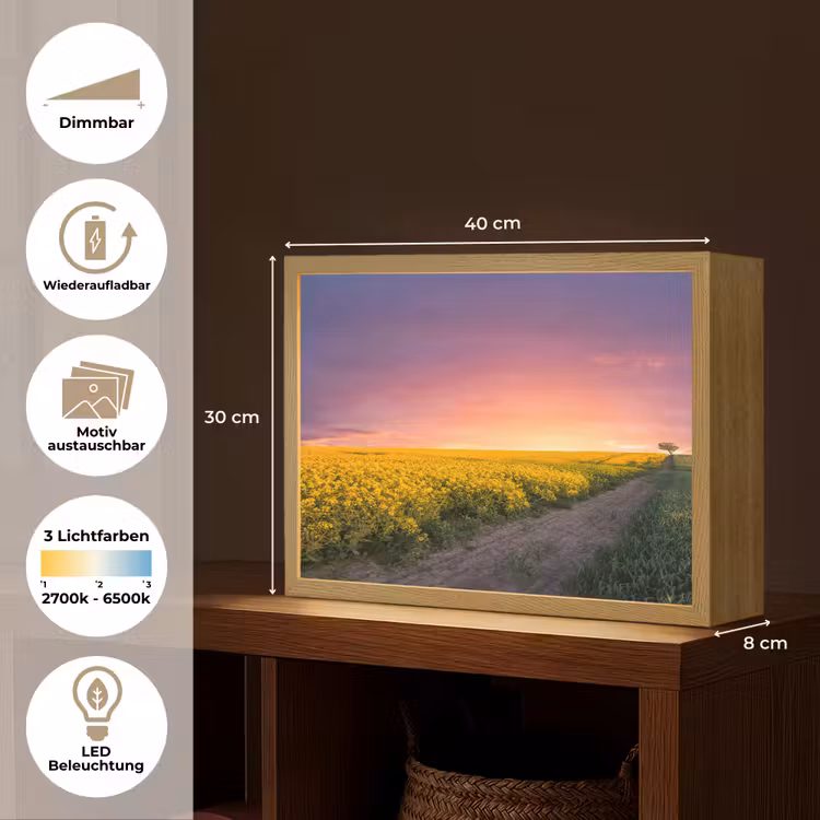 Bloemen - Weg - Lucht - Geel - Paars - Zonsondergang - Natuur Light Box met batterij (Wandlamp) middel -USP_websiteoverzichtDE