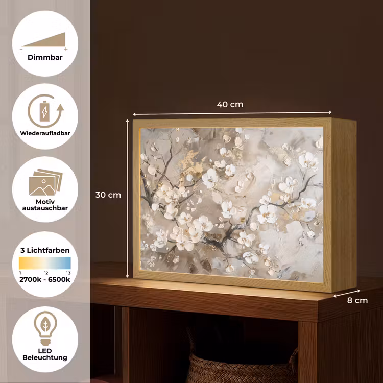Bloemen - Wit - Goud - Beige - Luxe Light Box met batterij (Wandlamp) middel -USP_websiteoverzichtDE