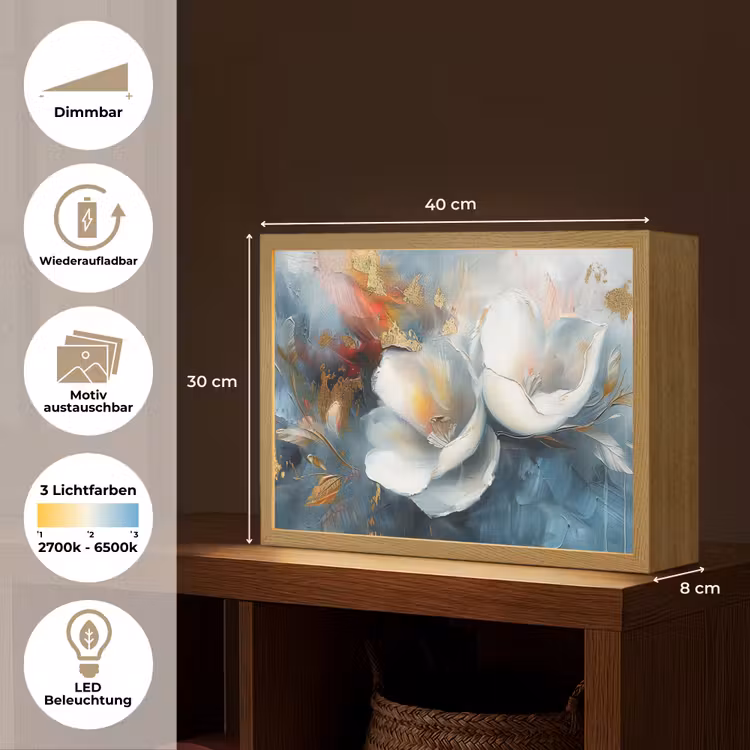 Bloemen - Wit - Goud - Kunst - Abstract Light Box met batterij (Wandlamp) middel -USP_websiteoverzichtDE