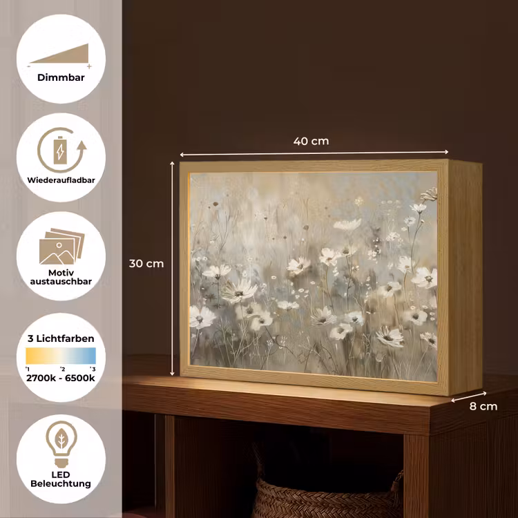 Bloemen - Wit - Natuur - Grijs - Modern Light Box met batterij (Wandlamp) middel -USP_websiteoverzichtDE