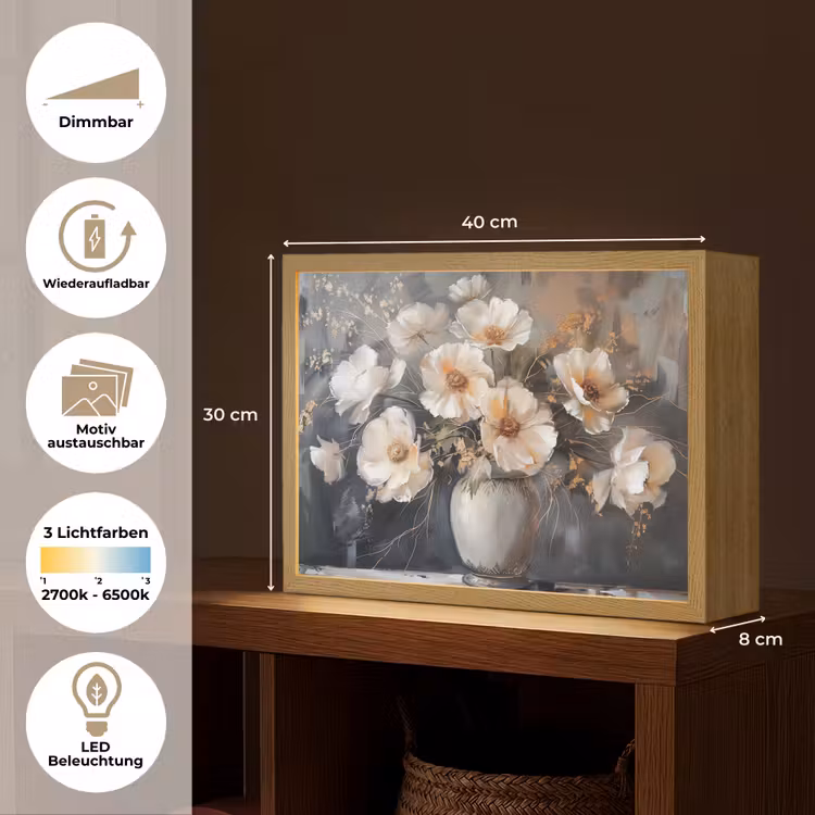 Bloemen - Wit - Vaas - Modern Light Box met batterij (Wandlamp) middel -USP_websiteoverzichtDE