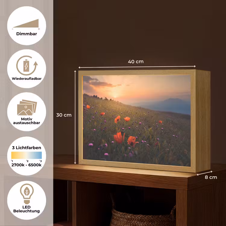 Bloemenveld - Gras - Bloemen - Planten - Zonsondergang - Oranje Light Box met batterij (Wandlamp) middel -USP_websiteoverzichtDE