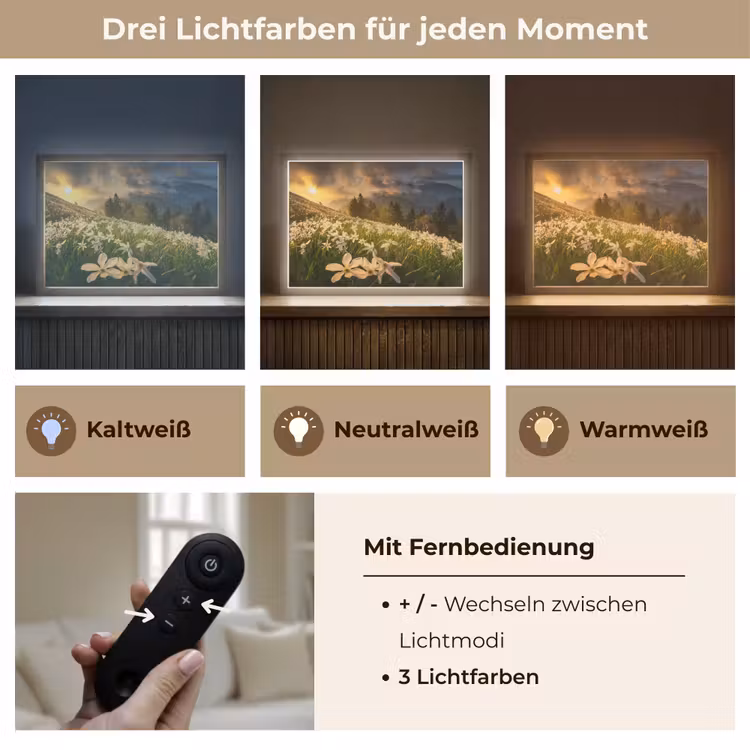 Bloemenveld - Heuvels - Zonsondergang - Berg - Natuur - Wit - Heuvels Light Box met batterij (Wandlamp) middel -USP_lichtkleurDE