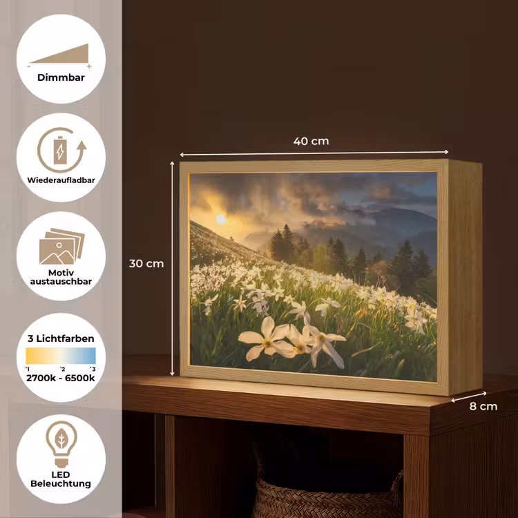 Bloemenveld - Heuvels - Zonsondergang - Berg - Natuur - Wit - Heuvels Light Box met batterij (Wandlamp) middel -USP_websiteoverzichtDE