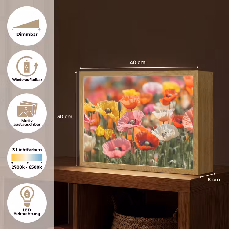 Bloemenveld - Klaprozen - Kleurrijk Light Box met batterij (Wandlamp) middel -USP_websiteoverzichtDE