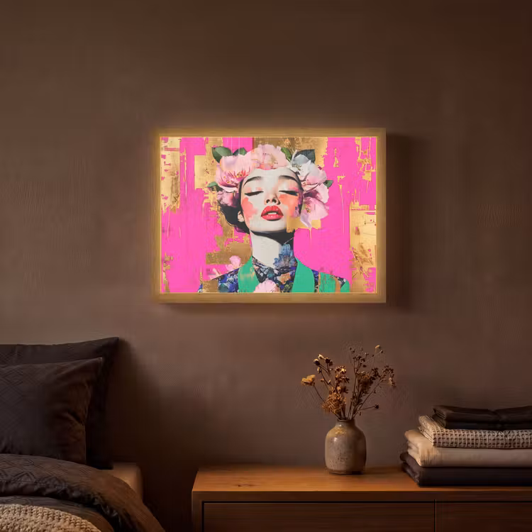 Bloemenkroon - Goud - Vrouw - Portret Light Box met batterij (Wandlamp) middel -sfeer4