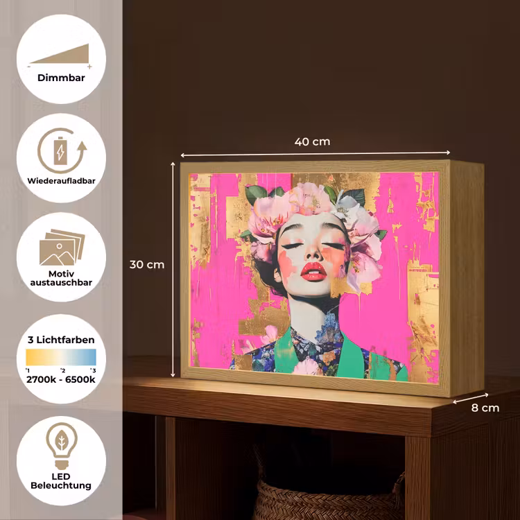 Bloemenkroon - Goud - Vrouw - Portret Light Box met batterij (Wandlamp) middel -USP_websiteoverzichtDE