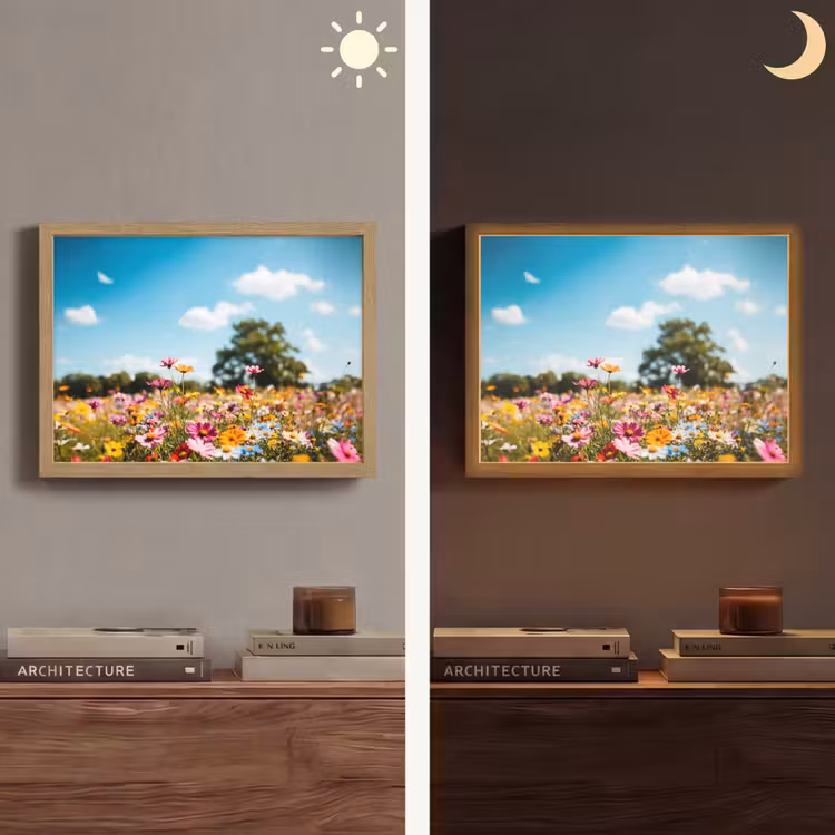Bloemenweide - Blauw - Lucht - Kleuren Light Box met batterij (Wandlamp) middel -sfeer3