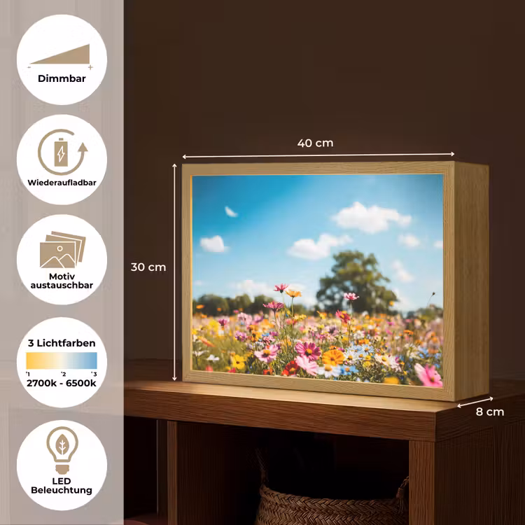 Bloemenweide - Blauw - Lucht - Kleuren Light Box met batterij (Wandlamp) middel -USP_websiteoverzichtDE