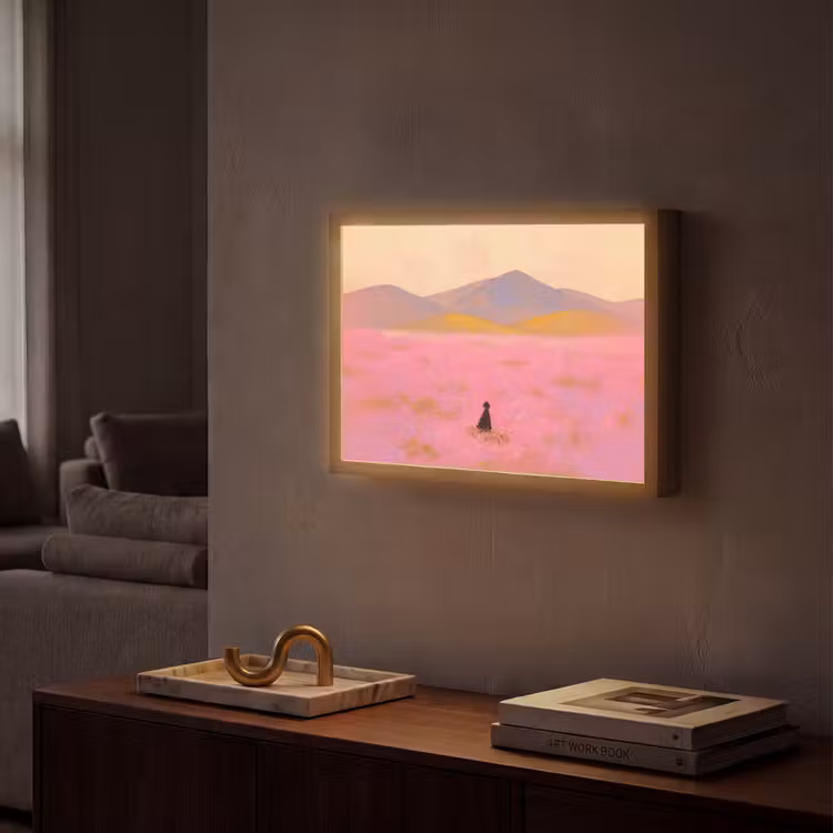 Bloemenweide - Heuvels - Silhouet - Roze Light Box met batterij (Wandlamp) middel -sfeer1