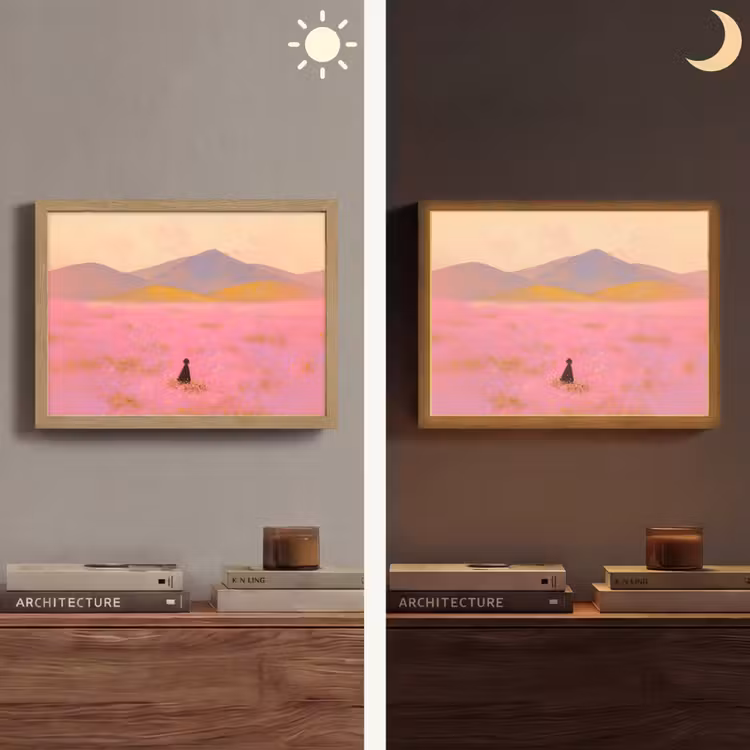 Bloemenweide - Heuvels - Silhouet - Roze Light Box met batterij (Wandlamp) middel -sfeer3
