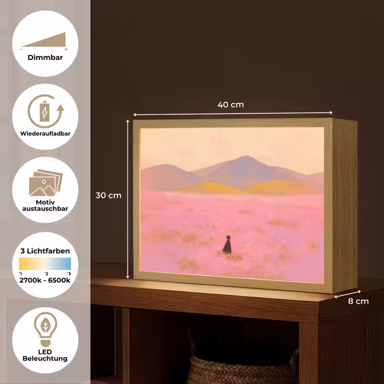Bloemenweide - Heuvels - Silhouet - Roze Light Box met batterij (Wandlamp) middel -USP_websiteoverzichtDE