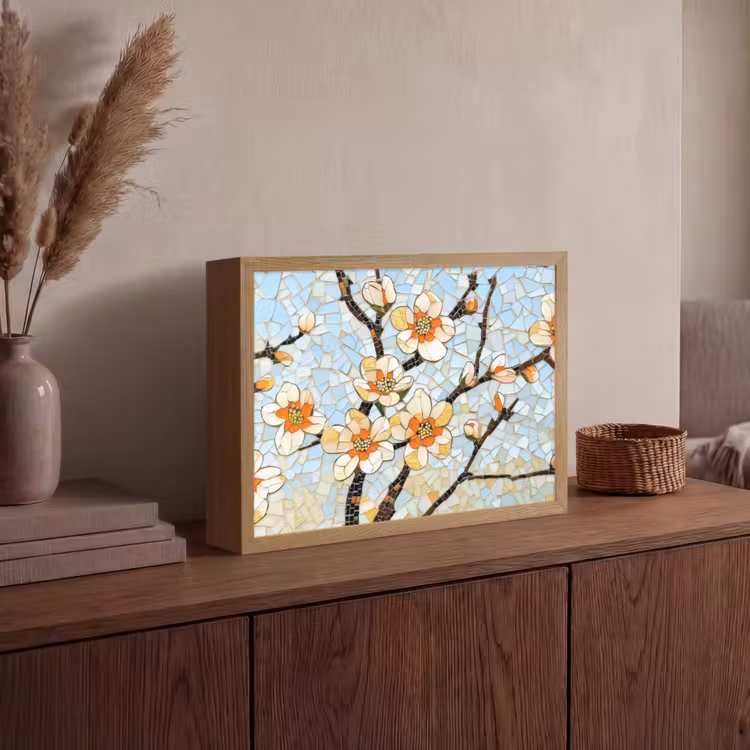 Bloesems - Wit - Mozaïek - Tak Light Box met batterij (Wandlamp) middel -sfeer2